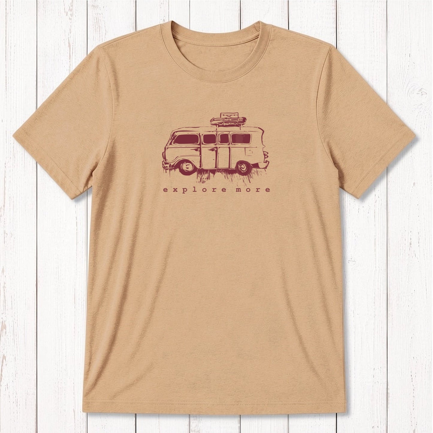 Vintage-style men's bamboo & organic cotton T-shirt in mustard yellow featuring a retro van and 'Explore More' text, perfect gift for travelers.