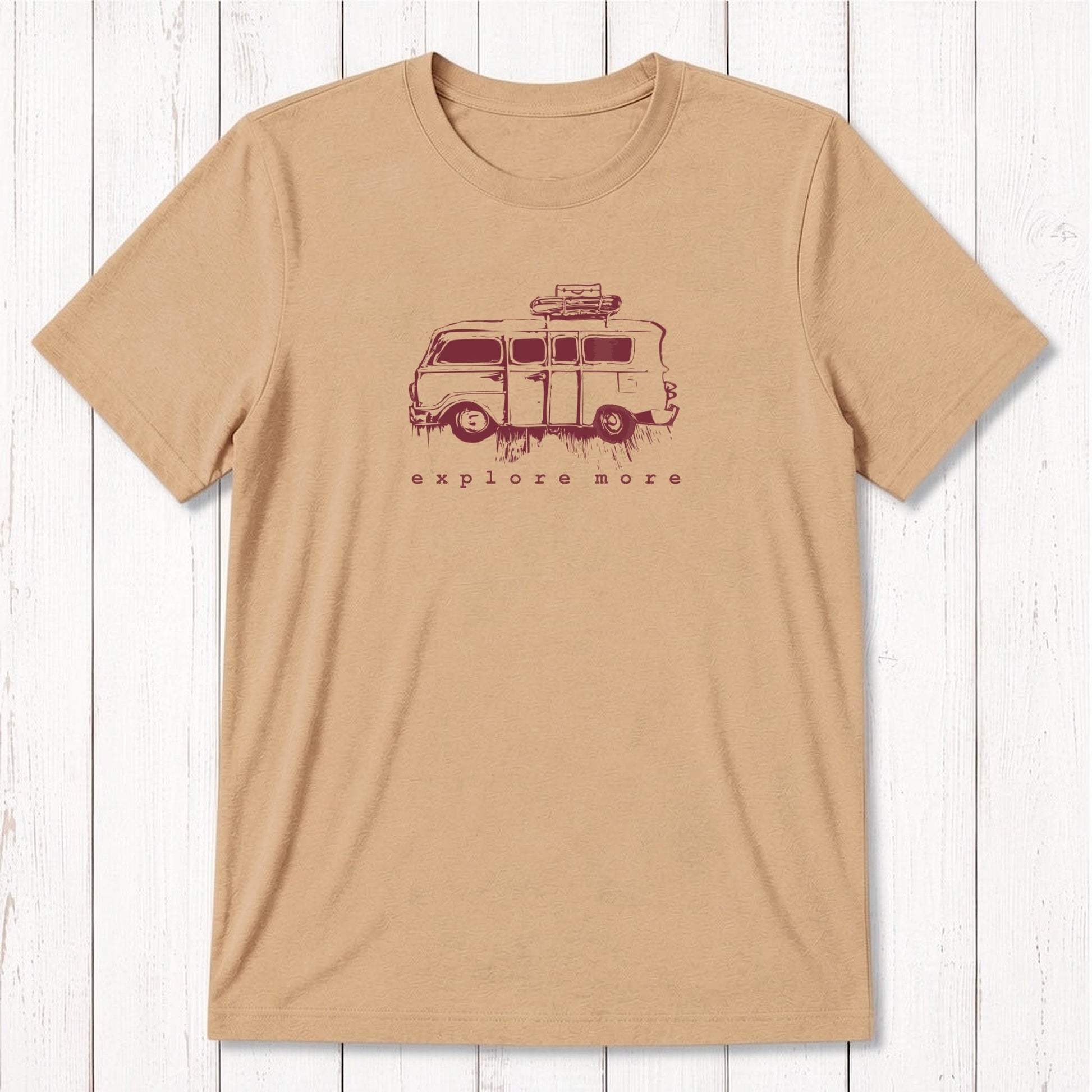 Vintage-style men's bamboo & organic cotton T-shirt in mustard yellow featuring a retro van and 'Explore More' text, perfect gift for travelers.
