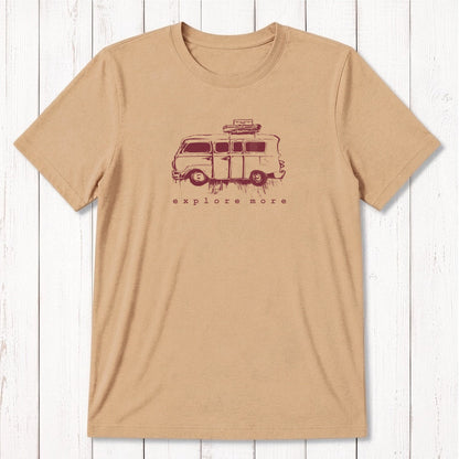 Vintage-style men's bamboo & organic cotton T-shirt in mustard yellow featuring a retro van and 'Explore More' text, perfect gift for travelers.