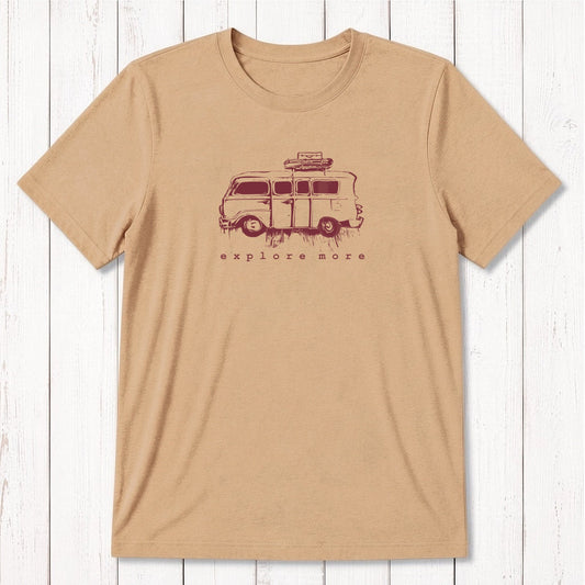 Vintage-style men's bamboo & organic cotton T-shirt in mustard yellow featuring a retro van and 'Explore More' text, perfect gift for travelers.
