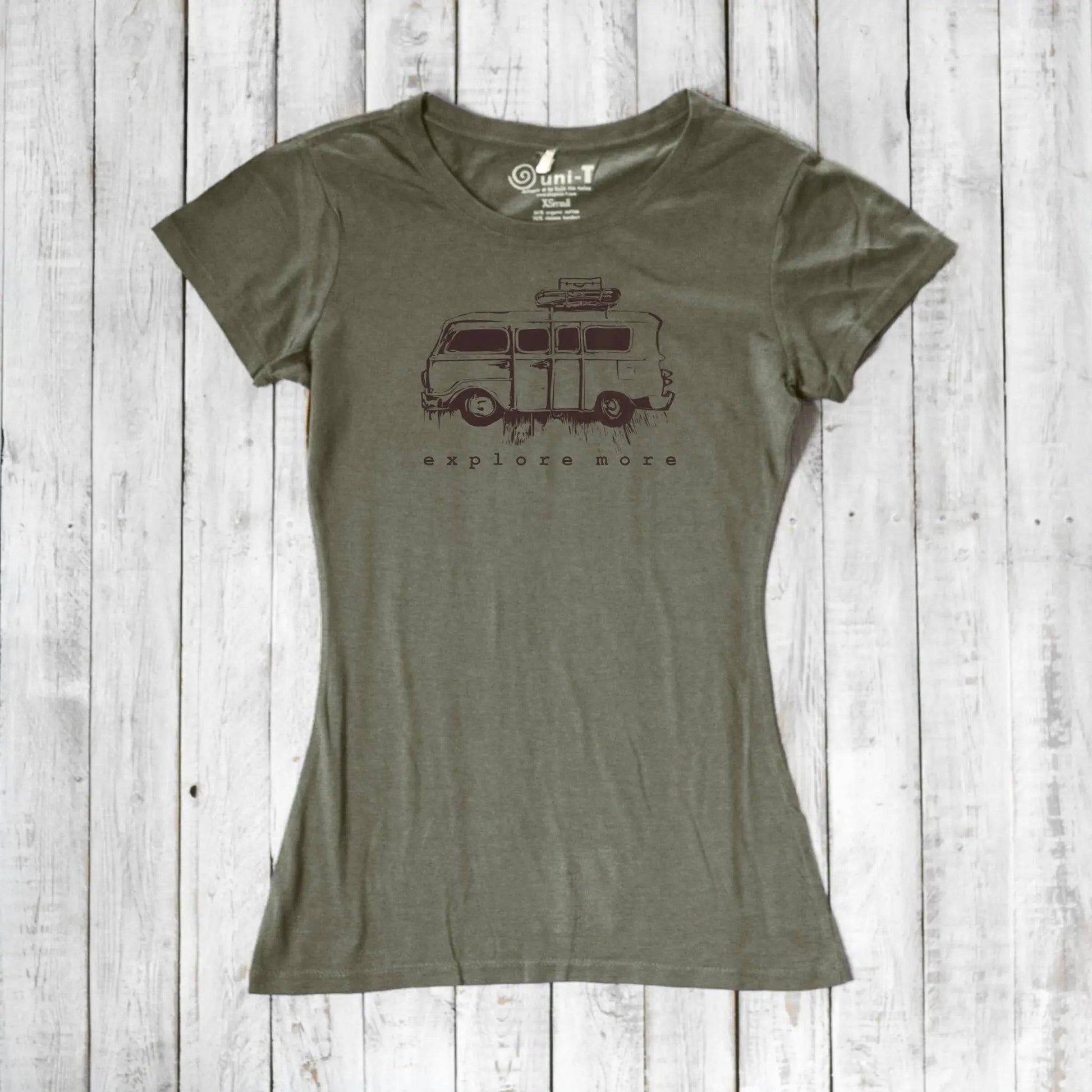 Olive green Retro Van T-Shirt for Women featuring 'Explore More' graphic, crafted from sustainable bamboo and organic cotton fabric.