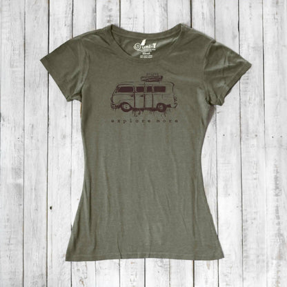Olive green Retro Van T-Shirt for Women featuring 'Explore More' graphic, crafted from sustainable bamboo and organic cotton fabric.