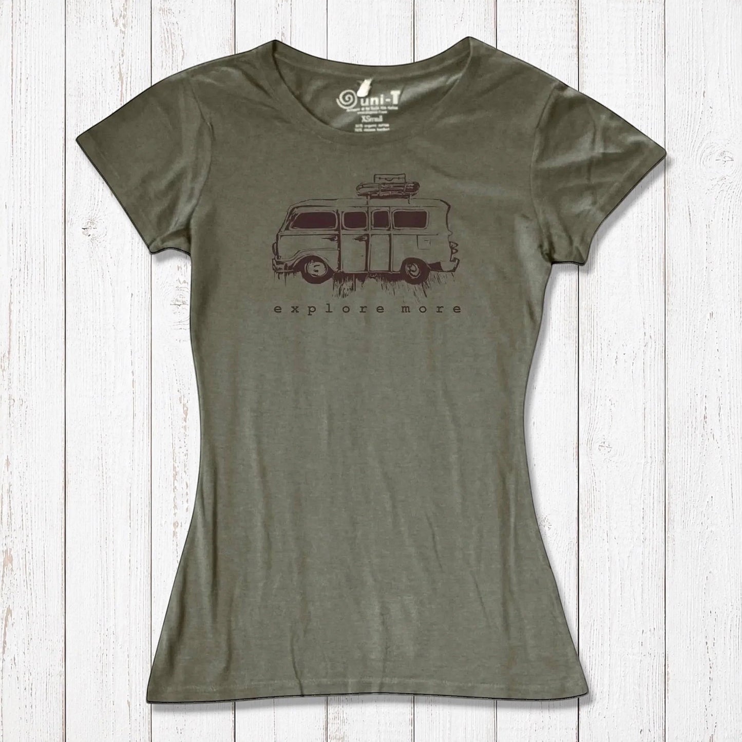 Olive green Retro Van T-Shirt for Women featuring 'Explore More' graphic, crafted from sustainable bamboo and organic cotton fabric.