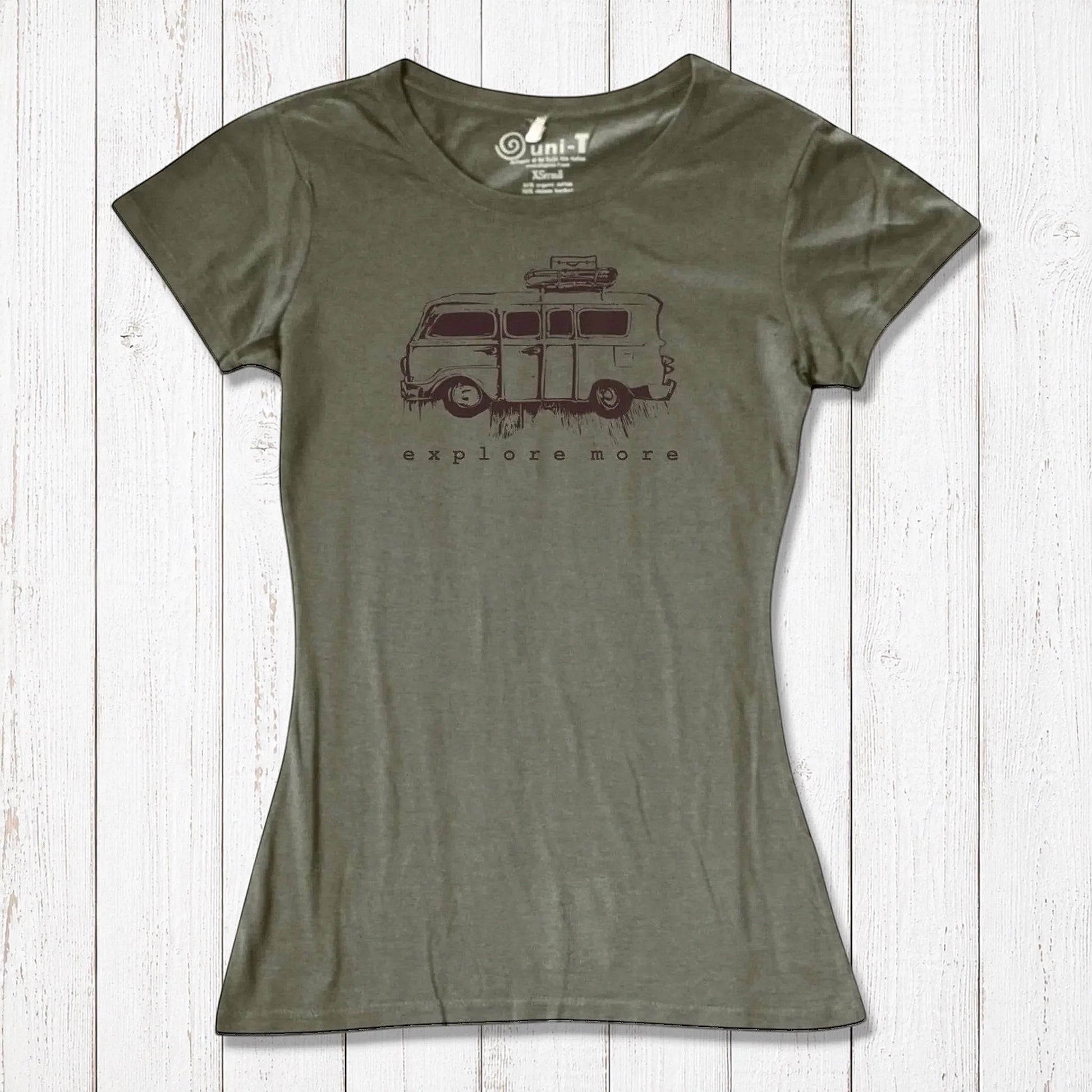Olive green Retro Van T-Shirt for Women featuring 'Explore More' graphic, crafted from sustainable bamboo and organic cotton fabric.