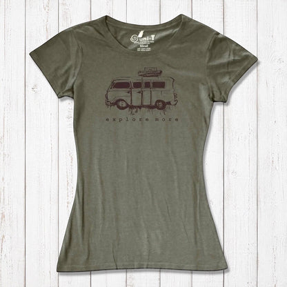 Olive green Retro Van T-Shirt for Women featuring 'Explore More' graphic, crafted from sustainable bamboo and organic cotton fabric.