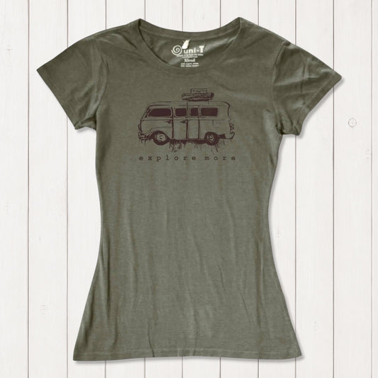 Olive green Retro Van T-Shirt for Women featuring 'Explore More' graphic, crafted from sustainable bamboo and organic cotton fabric.