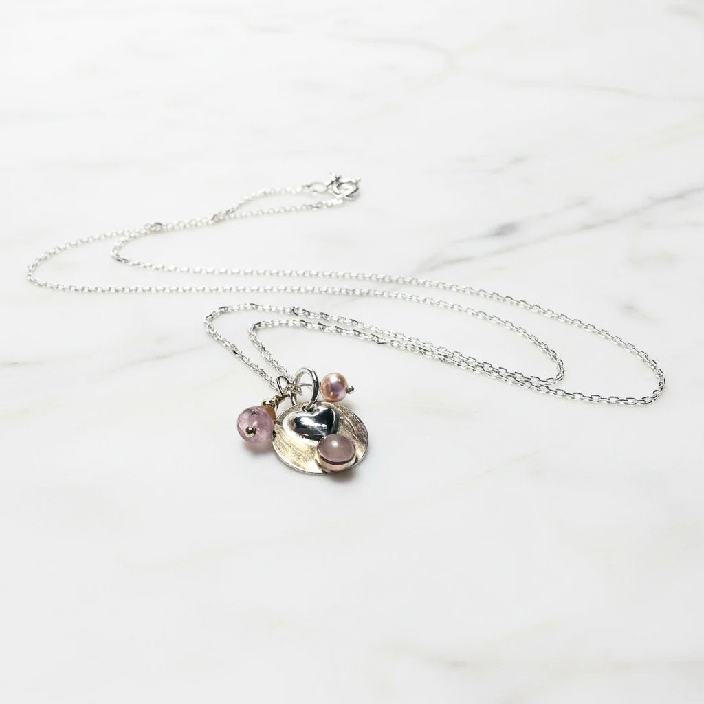 Silver Heart Charm Rose Quartz Necklace with beads