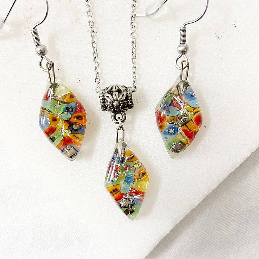 Recycled Fused Glass Earrings & Necklace Set Carolina Portillo