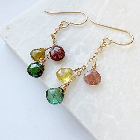 Gold Chain Drop Earrings-Watermelon Tourmaline***