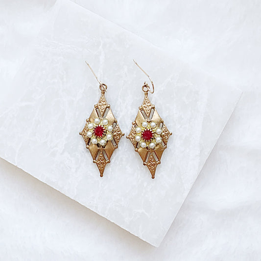Brass Filigree Crystal Drop Earrings***