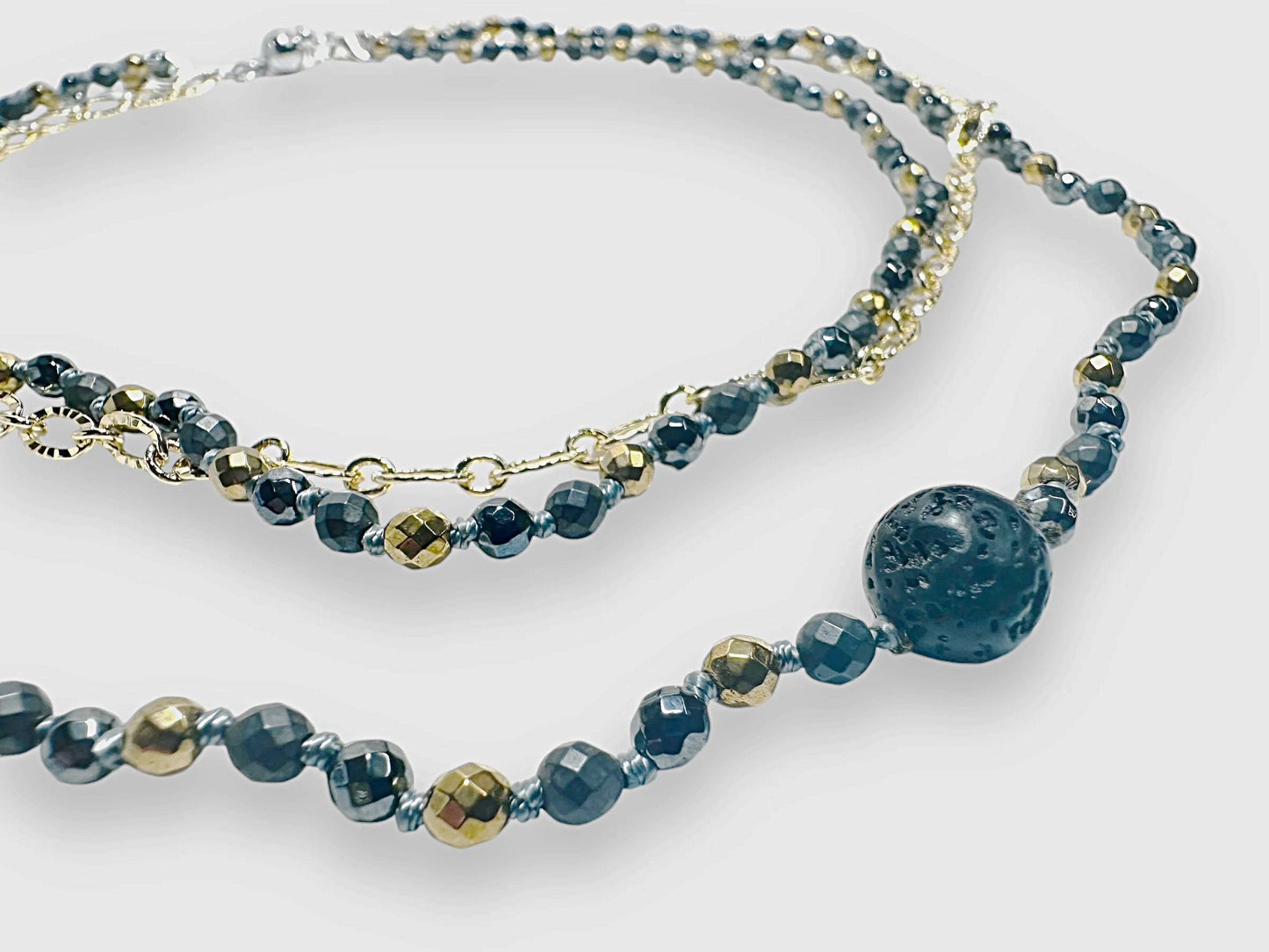 Beaded Adjustable Gemstone Necklace -Hematite and Lava Rock*