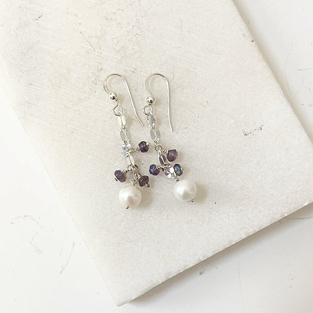 Cultured Pearl Earrings, Amethyst Earrings-Uni-T Janine Gerade