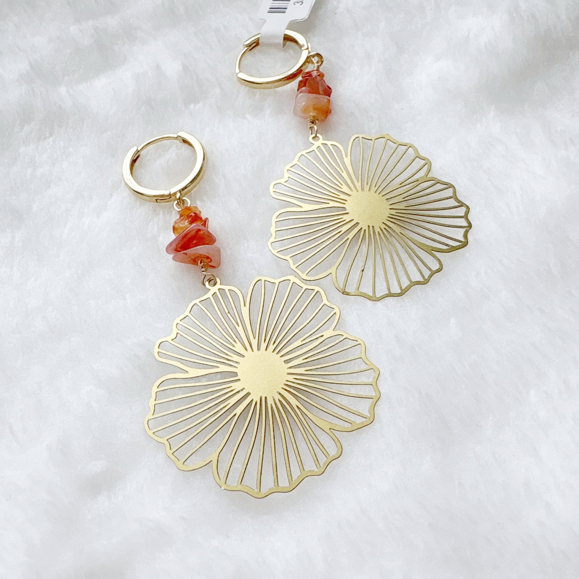 Gold floral earrings with carnelian beads
