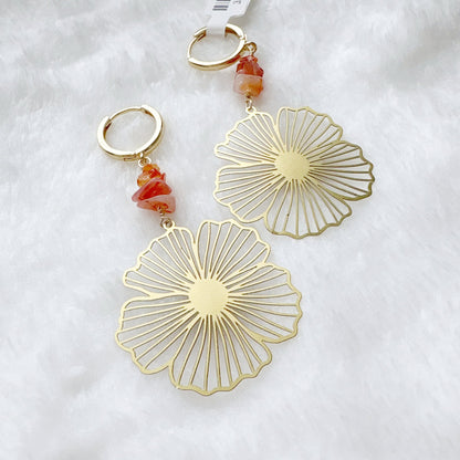 Gold floral earrings with carnelian beads