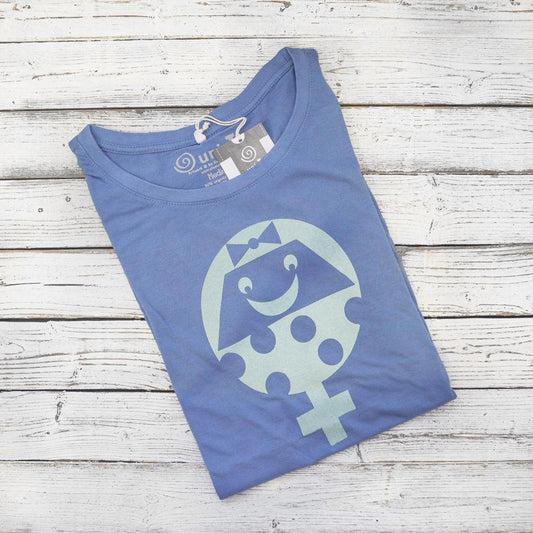 Folded blue Women's Female Symbol T-Shirt in Bamboo & Organic Cotton with smiling feminist graphic. Eco-friendly empowerment tee by Uni-T.