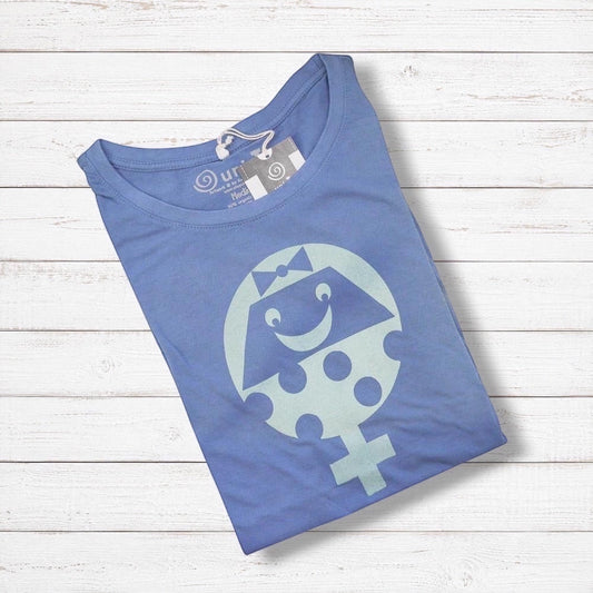 Folded blue Women's Female Symbol T-Shirt in Bamboo & Organic Cotton with smiling feminist graphic. Eco-friendly empowerment tee by Uni-T.