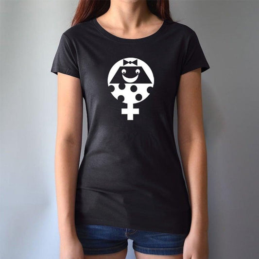 Black fitted Women's Female Symbol T-Shirt in Bamboo & Organic Cotton featuring bold white feminist graphic. Sustainable gender equality tee.