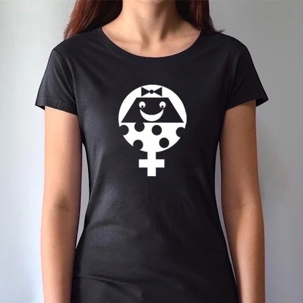 Black fitted Women's Female Symbol T-Shirt in Bamboo & Organic Cotton featuring bold white feminist graphic. Sustainable gender equality tee.