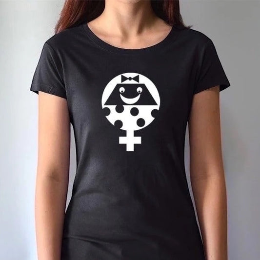 Black fitted Women's Female Symbol T-Shirt in Bamboo & Organic Cotton featuring bold white feminist graphic. Sustainable gender equality tee.