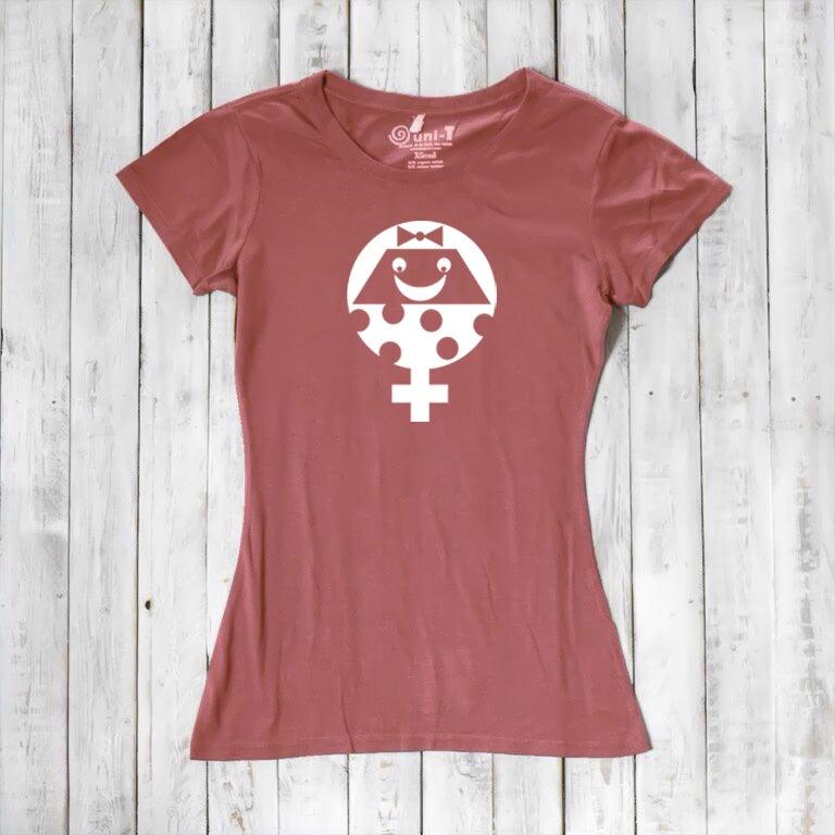 Rust red Women's Female Symbol T-Shirt in Bamboo & Organic Cotton with white smiling feminist graphic. Feminist empowerment gift tee by Uni-T.