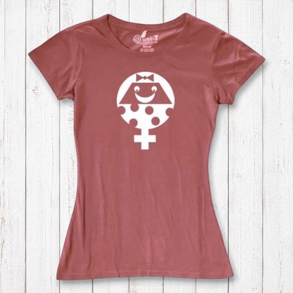 Rust red Women's Female Symbol T-Shirt in Bamboo & Organic Cotton with white smiling feminist graphic. Feminist empowerment gift tee by Uni-T.