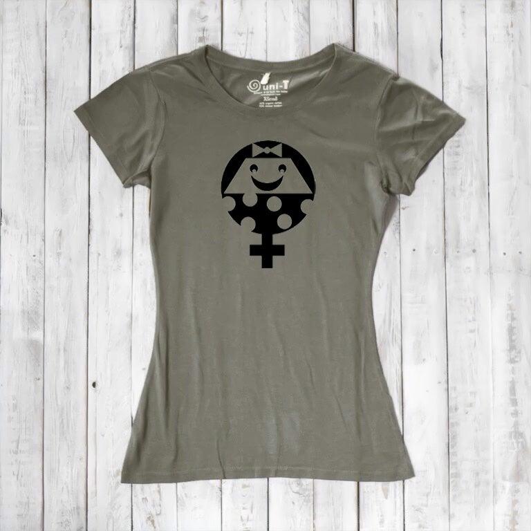 Olive green Women's Female Symbol T-Shirt in Bamboo & Organic Cotton featuring black gender equality graphic. Ethical fashion statement tee.