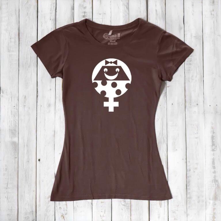Brown Women's Female Symbol T-Shirt in Bamboo & Organic Cotton with white smiling feminist graphic. Eco-conscious empowerment tee by Uni-T.