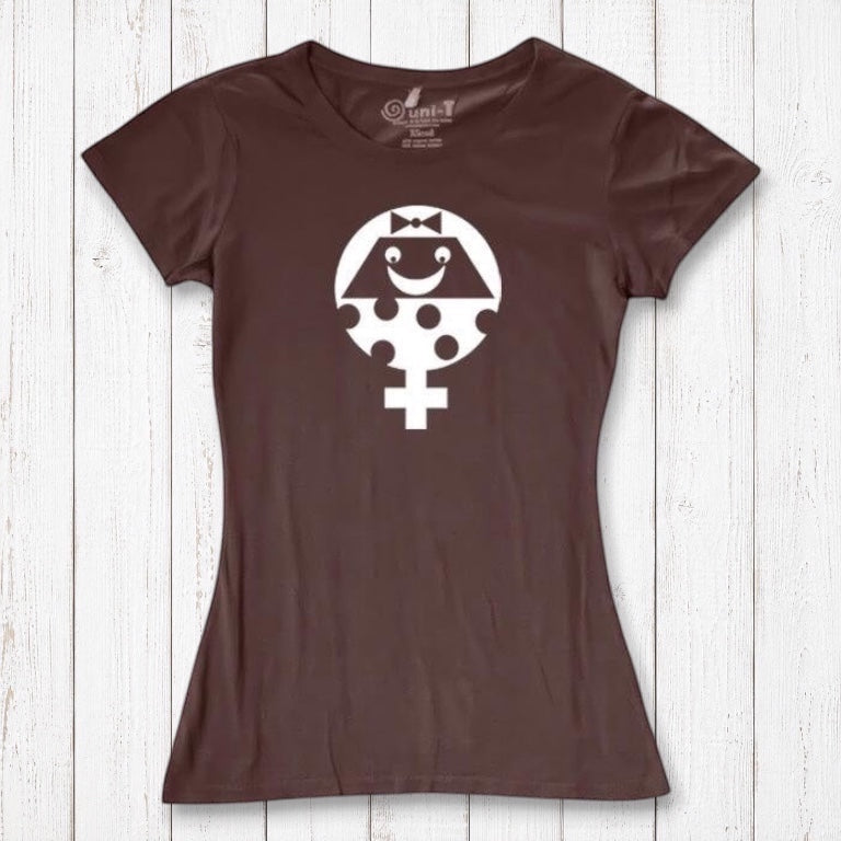 Brown Women's Female Symbol T-Shirt in Bamboo & Organic Cotton with white smiling feminist graphic. Eco-conscious empowerment tee by Uni-T.