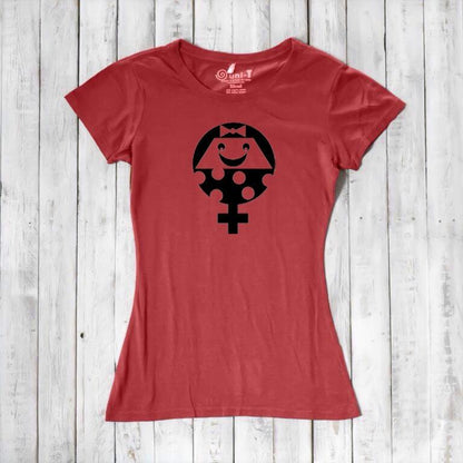 Red Women's Female Symbol T-Shirt in Bamboo & Organic Cotton with black smiling feminist graphic. Empowering and sustainable tee by Uni-T.