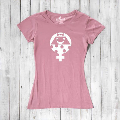 Pink Women's Female Symbol T-Shirt in Bamboo & Organic Cotton with white smiling feminist icon. Soft sustainable tee for feminist gifting.