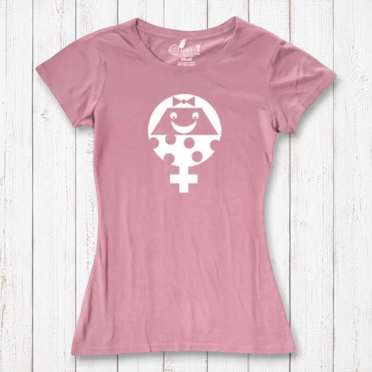 Pink Women's Female Symbol T-Shirt in Bamboo & Organic Cotton with white smiling feminist icon. Soft sustainable tee for feminist gifting.