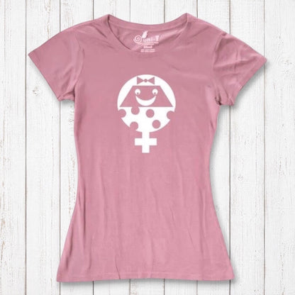 Pink Women's Female Symbol T-Shirt in Bamboo & Organic Cotton with white smiling feminist icon. Soft sustainable tee for feminist gifting.