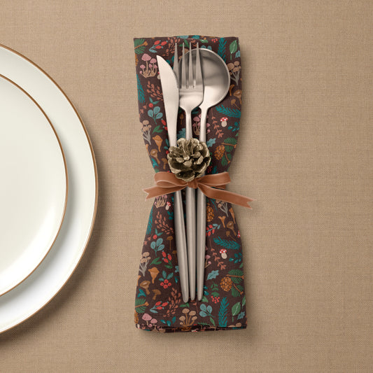Fall botanical mushroom print linen napkin with cutlery