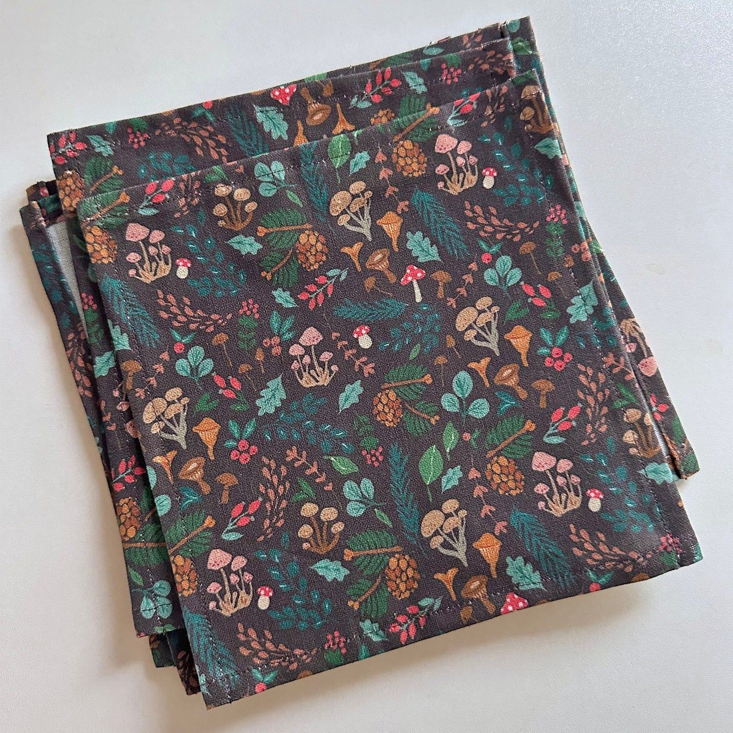 Mushroom print linen napkin on table setting