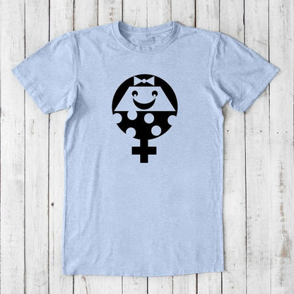 Men's Female Symbol T-Shirt in Bamboo & Organic Cotton featuring a smiling feminist symbol graphic in black on light blue fabric. Ideal gift for feminist allies.