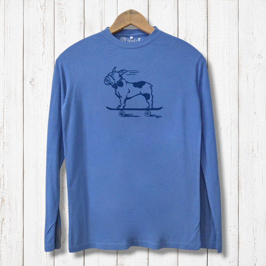 Blue bamboo long sleeve French Bulldog shirt for men featuring a graphic of a bulldog on a skateboard. Eco-friendly and perfect for dog lovers.