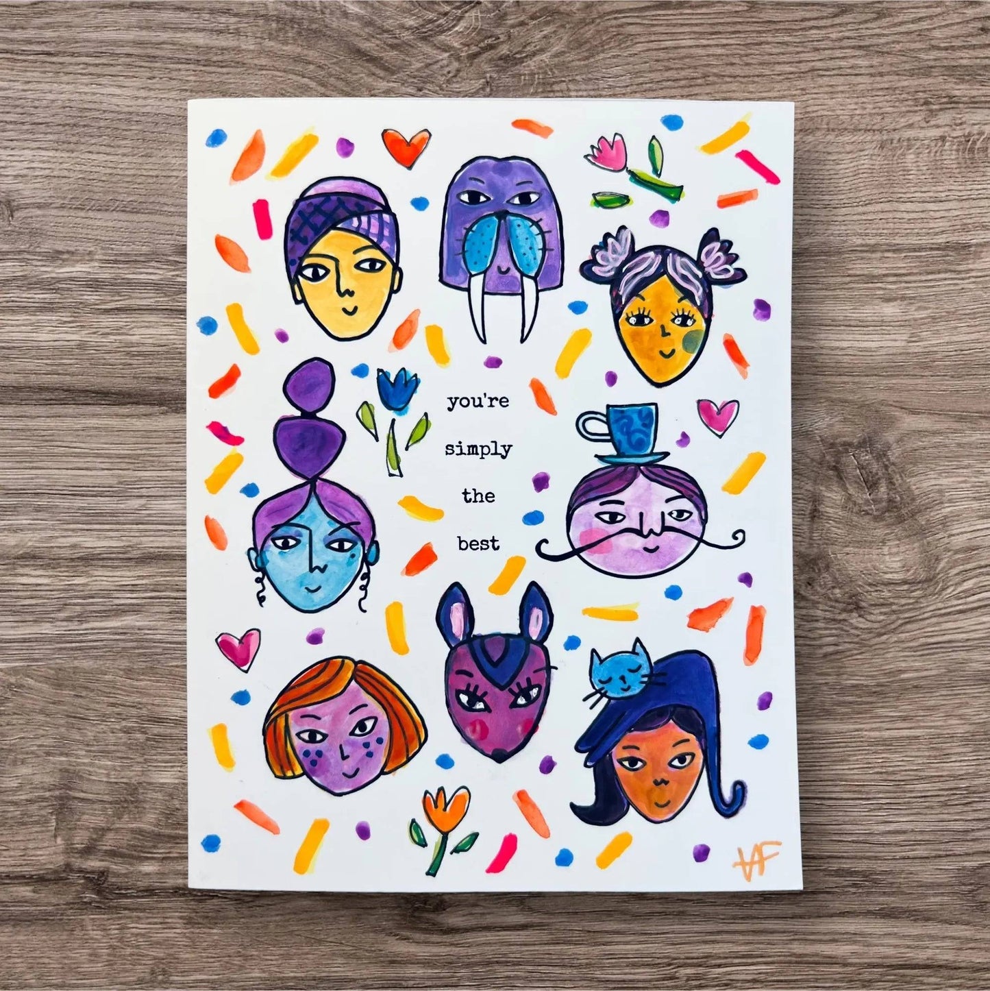 Handmade Friendship Card - Good Vibe Tribe with vibrant purple and orange illustrated faces, flowers, and 'you're simply the best' uplifting message.
