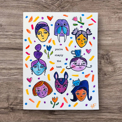 Handmade Friendship Card - Good Vibe Tribe with vibrant purple and orange illustrated faces, flowers, and 'you're simply the best' uplifting message.