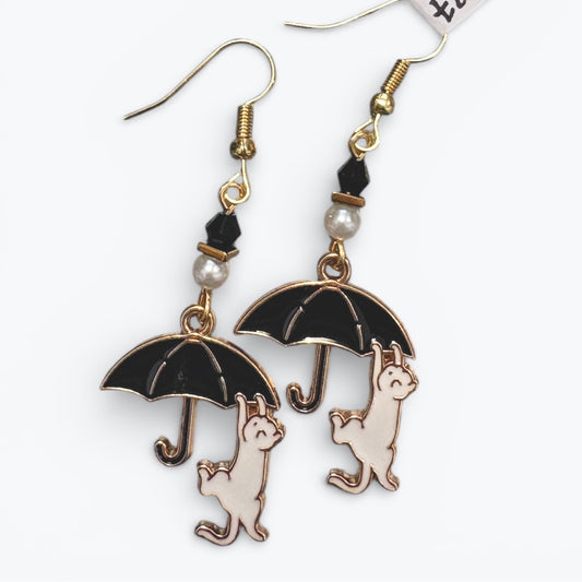 Enamel Cats Holding Umbrellas Earrings