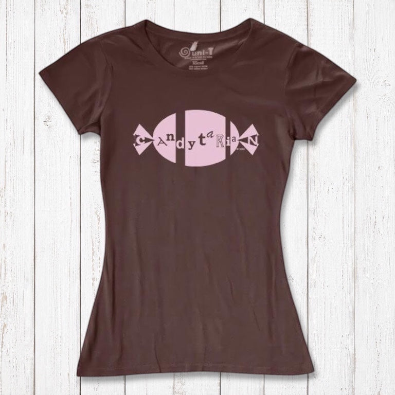 Brown bamboo and organic cotton women's graphic tee with pink 'Candytarian' candy logo. Sustainable dessert lover gift shirt by Uni-T.