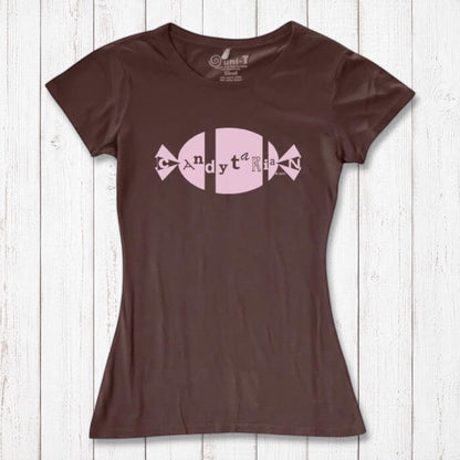 Brown bamboo and organic cotton women's graphic tee with pink 'Candytarian' candy logo. Sustainable dessert lover gift shirt by Uni-T.