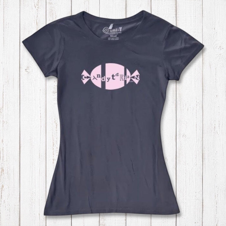Dark gray women's bamboo and organic cotton T-shirt with pink 'Candytarian' candy graphic. Eco-friendly sweet tooth humor tee by Uni-T.