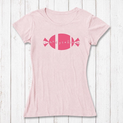 Pink bamboo and organic cotton women's T-shirt with light pink 'Candytarian' candy logo. Sustainable funny dessert-themed tee by Uni-T.