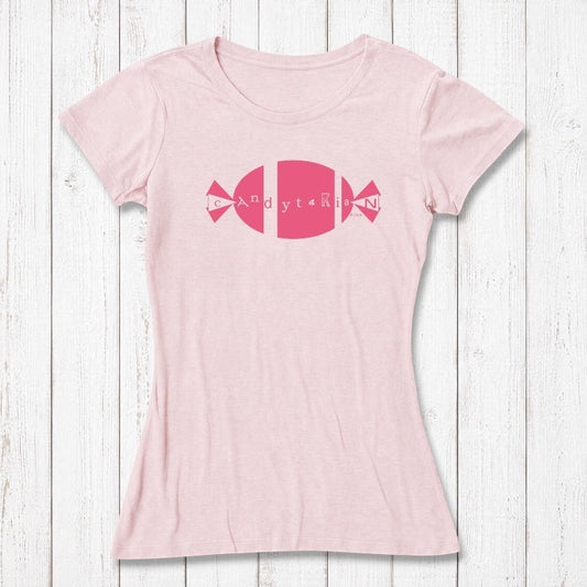 Pink bamboo and organic cotton women's T-shirt with light pink 'Candytarian' candy logo. Sustainable funny dessert-themed tee by Uni-T.