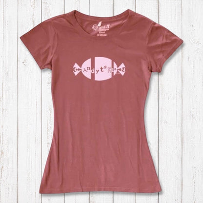 Rust red women's bamboo and organic cotton T-shirt featuring pink 'Candytarian' candy graphic. Sweet tooth humor gift tee by Uni-T.