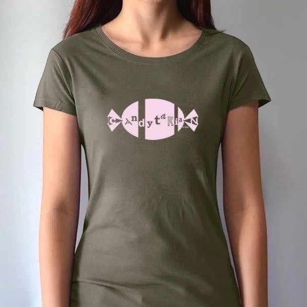 Olive green women's fitted bamboo and organic cotton T-shirt with pink 'Candytarian' candy logo. Eco-friendly gift for candy lovers by Uni-T.