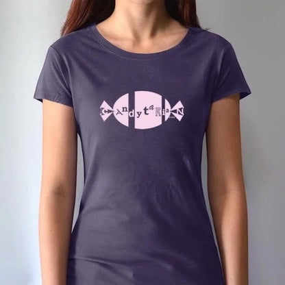 Navy blue women's bamboo and organic cotton graphic tee with pink 'Candytarian' candy design. Sustainable dessert lover shirt by Uni-T.