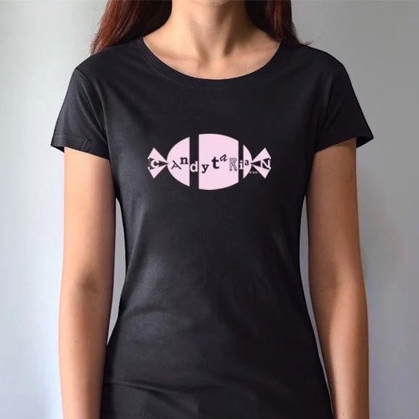 Black bamboo and organic cotton women's T-shirt with pink 'Candytarian' candy logo. Funny and sustainable gift tee for sweet tooth fans.