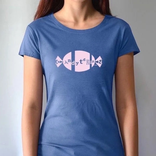 Royal blue women's bamboo and organic cotton T-shirt with pink 'Candytarian' candy graphic. Eco-friendly dessert humor tee by Uni-T.