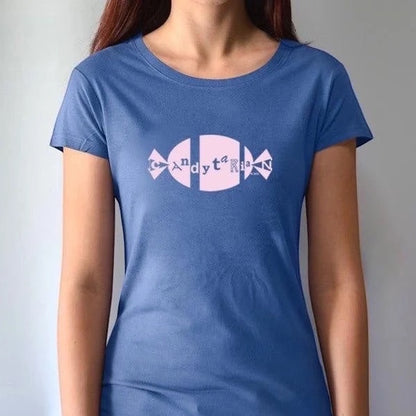 Royal blue women's bamboo and organic cotton T-shirt with pink 'Candytarian' candy graphic. Eco-friendly dessert humor tee by Uni-T.